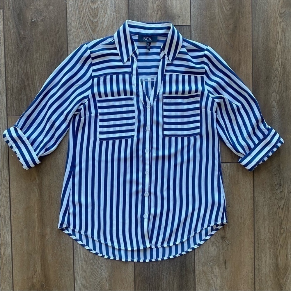 Preppy Casual Nautical Blue White Vertical Striped Button Front Roll Tab Blouse